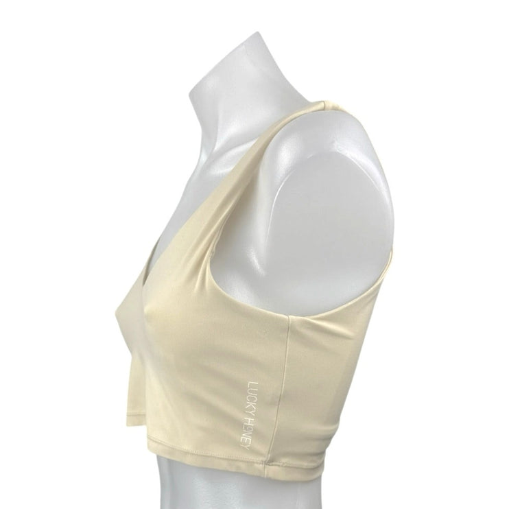 Lucky Honey Womens Cream Sleeveless V Neck Yoga Pilates Athletic Crop Top Size S