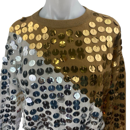 Beauty Women Gold White Sequin Metallic Colorblock Long Sleeve Sweatshirt S/M