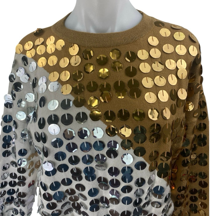 Beauty Women Gold White Sequin Metallic Colorblock Long Sleeve Sweatshirt S/M
