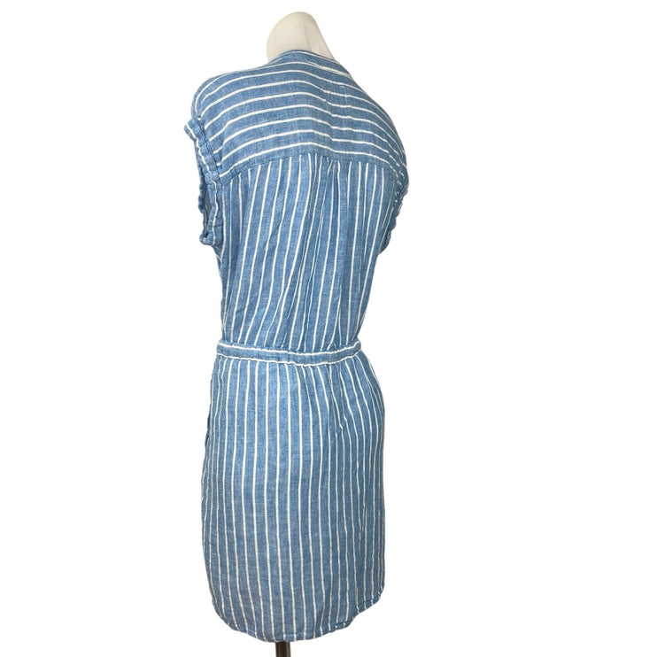 Rails Blue Emma Linen V-neck Striped Drawstring Short Sleeve Pockets Dress Sz S