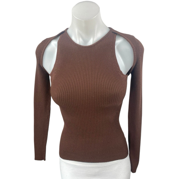 Princess Polly Women's Brown Long Sleeve Ribbed Knit Cutout Sweater Top Size S/M