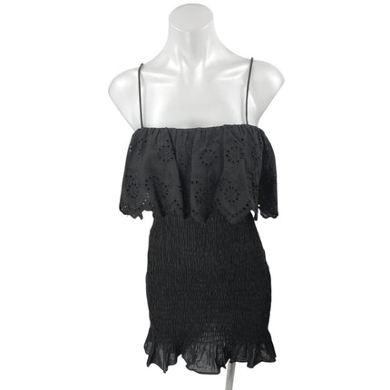 Zara Black Sleeveless Embroidered Smocked Cami Tank Mini Bodycon Dress Size M