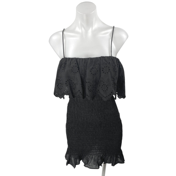 Zara Black Sleeveless Embroidered Smocked Cami Tank Mini Bodycon Dress Size M