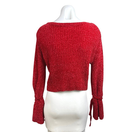 Lovers and Friends Red Ribbed Knit Long Sleeve Tie Cropped Sweater Top Size S