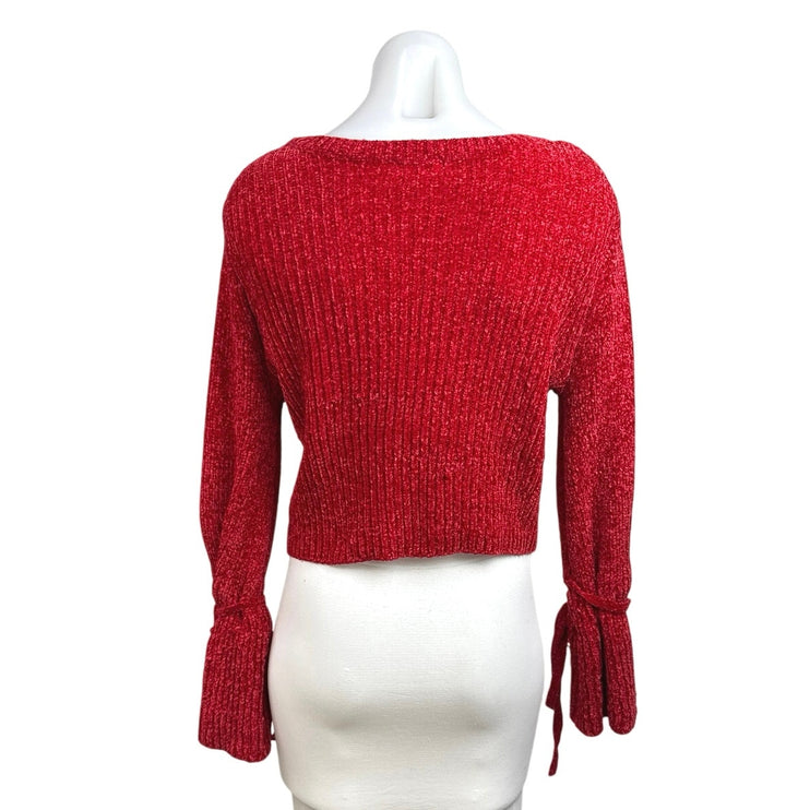 Lovers and Friends Red Ribbed Knit Long Sleeve Tie Cropped Sweater Top Size S