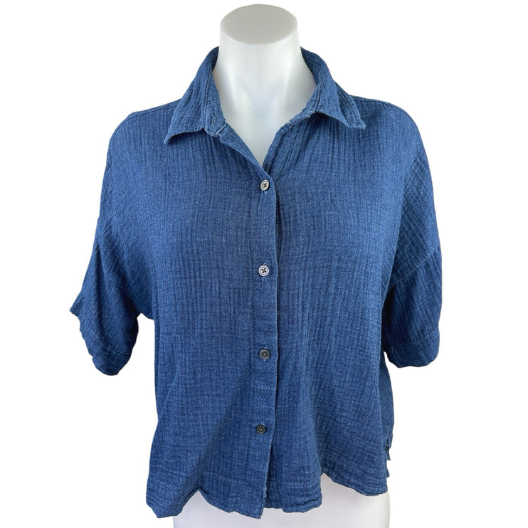 GAP Blue Cotton Gauze Button Down Short Sleeve Relaxed Crop Top Shirt Blouse S