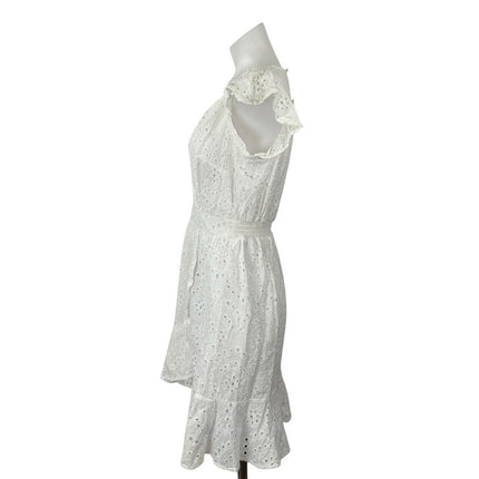 NEW Japna White Floral Eyelet Embroidery V Neck Mini Flare A-Line Wrap Dress M