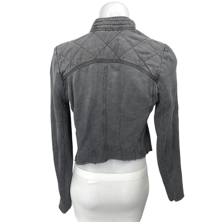 Free People Gray Asymmetrical Zip Up Distressed Shrunken Moto Jacket Coat Sz XS