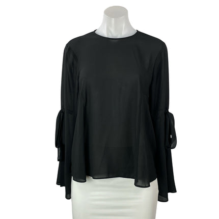 Topshop Women's Black Crew Neck Sheer Long Sleeve Tie Shirt Blouse Top Size 6