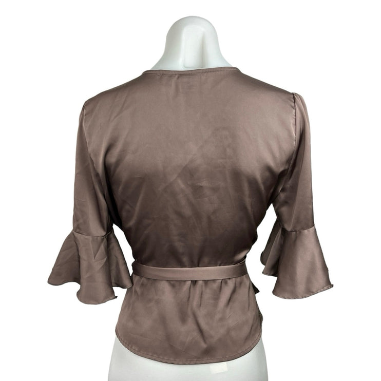 Soho NY Brown V Neck Bell Sleeve Tie Waist Peplum Satin Wrap Blouse Top Size XS