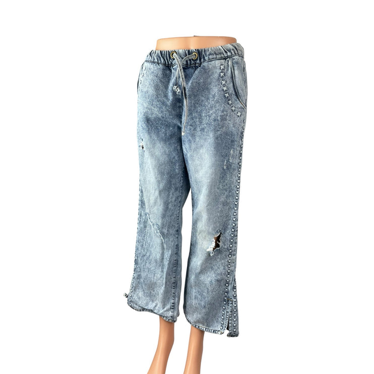 One Teaspoon Women's Studded Distressed High Rise Wide Leg Denim Jeans Pants XS