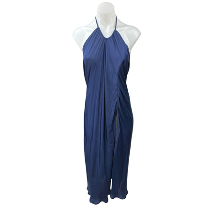 Free People Blue Silk Satin Halter Tie Neck Slit Cami Camisole Slip Tank Dress L