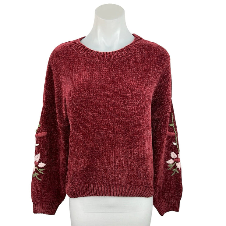 Jun & Ivy Maroon Floral Embroidered Balloon Long Sleeves Pullover Sweater Size L