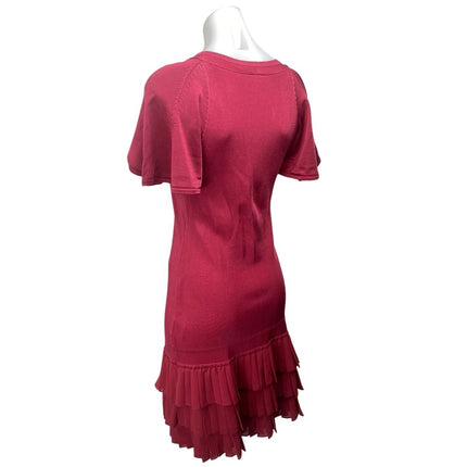 Karen Millen Red Knit Short Sleeve V Neck Tiered Ruffle Mini Bodycon Dress Sz 3