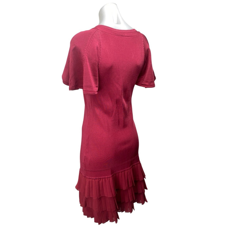 Karen Millen Red Knit Short Sleeve V Neck Tiered Ruffle Mini Bodycon Dress Sz 3