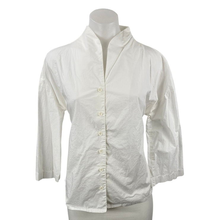 Ozai N Ku Dynaco White Stand Collar Long Sleeve Button Down Shirt Blouse Top XS