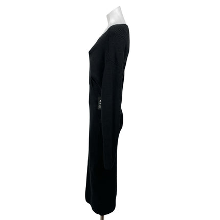 NEW Express Women's Black Ribbed Knit Long Sleeve V Neck Midi Sweater Dress M