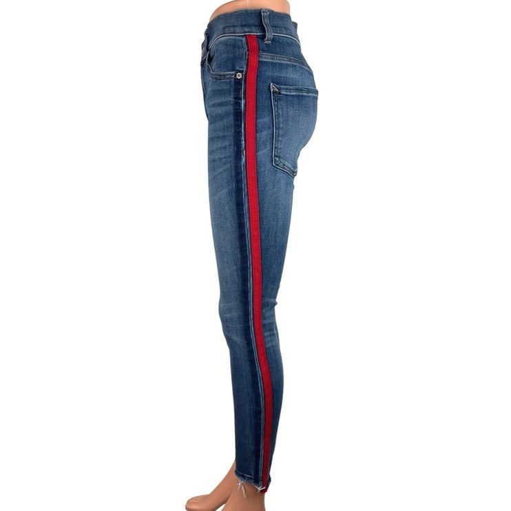 Express Blue Red Stripe Medium Wash Stretch High Rise Ankle Skinny Jeans Size 4