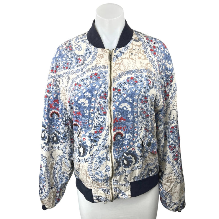 Free People Women's Blue Multicolor Paisley Zip Up Quilted Bomber Coat Jacket S