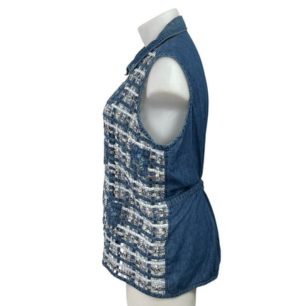 Women's Blue Floral Embroidery Sleeveless Collared Button Up Shirt Tank Top XXL