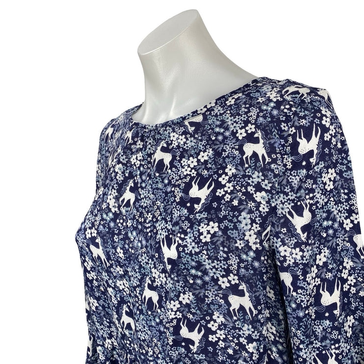 H&M Women's Blue Unicorn Floral Print Long Sleeve Mini Flare A-Line Dress Sz 14