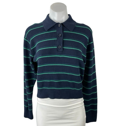 Uniqlo Women's Blue Green Stripe Long Sleeve Crop Polo Sweatshirt Sweater Top XS