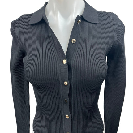 SER.O.YA Black Ribbed Button Up Collar Long Sleeve Polo Sweater Bodysuit Top XS