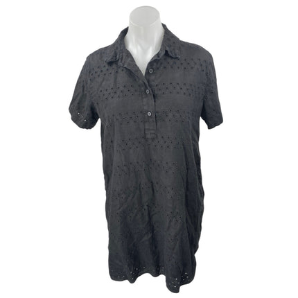 Everlane 100% Linen Black Embroidered Eyelet Short Sleeve Button Up Mini Shirt Dress Size S