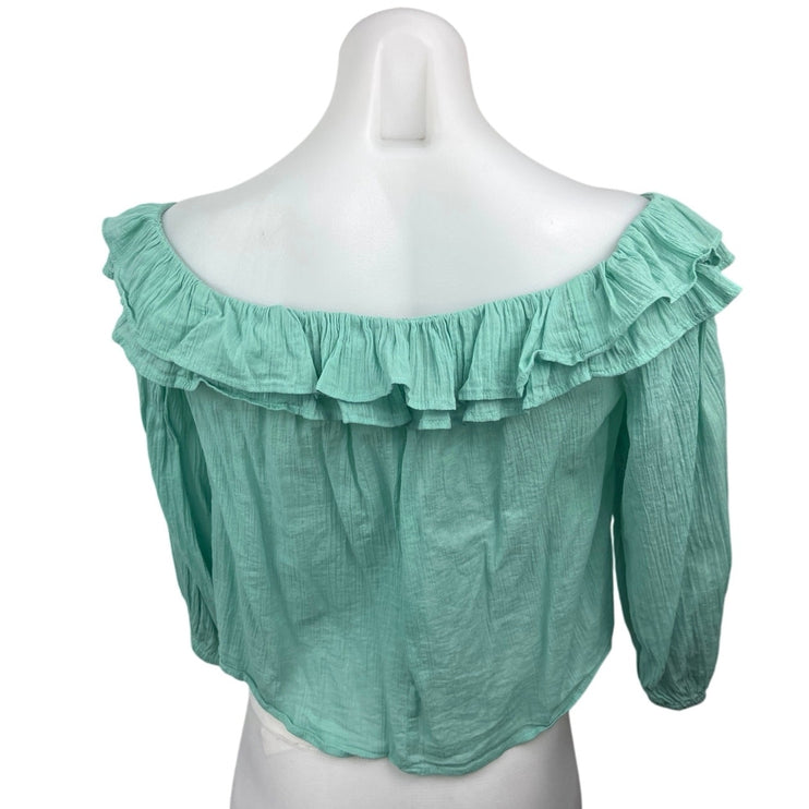 Zara Green Ruffle Tiered Off The Shoulder 3/4 Sleeve Crop Blouse Top Size S