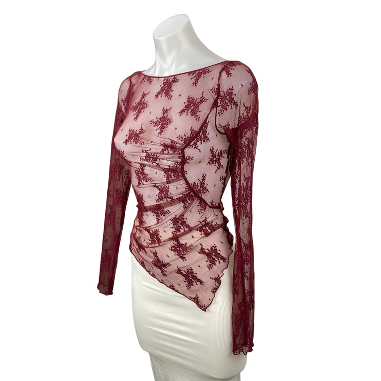 Free People Full Bloom Red Layering Mesh Sheer Lace Long Sleeve Blouse Top Sz XS