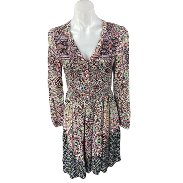 Anthropologie Tiled Amethyst Long Sleeve Geometric Smocked Mini A Line Dress S