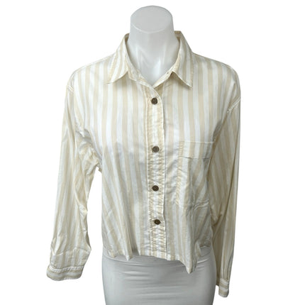 Everlane Women's Yellow White Striped Long Sleeve Crop Button Up Shirt Top Sz M