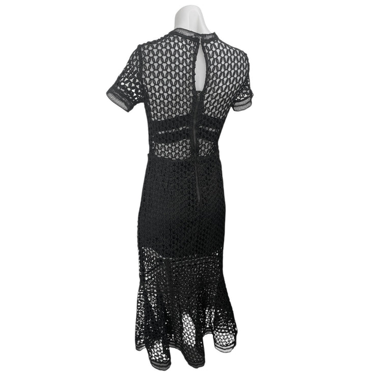 RoseLani Black Cutout Lace Overlay High Neck Short Sleeve Midi A-Line Dress Sz M