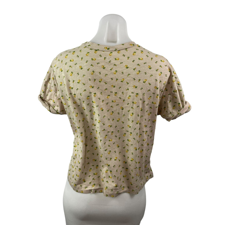 Loft Women's Beige Floral Crew Neck Short Sleeve Crop Basic Tee T-Shirt Top Sz M