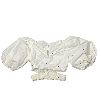 Zara Women's White Floral Embroidered Balloon Sleeves Crop Poplin Blouse Top XS