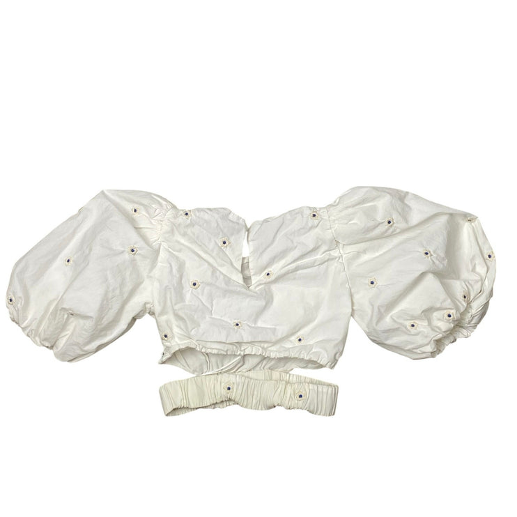 Zara Women's White Floral Embroidered Balloon Sleeves Crop Poplin Blouse Top XS