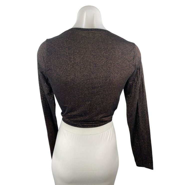 Abercrombie & Fitch Womens Brown Glitter Long Sleeve Twist Front Crop Top Size M