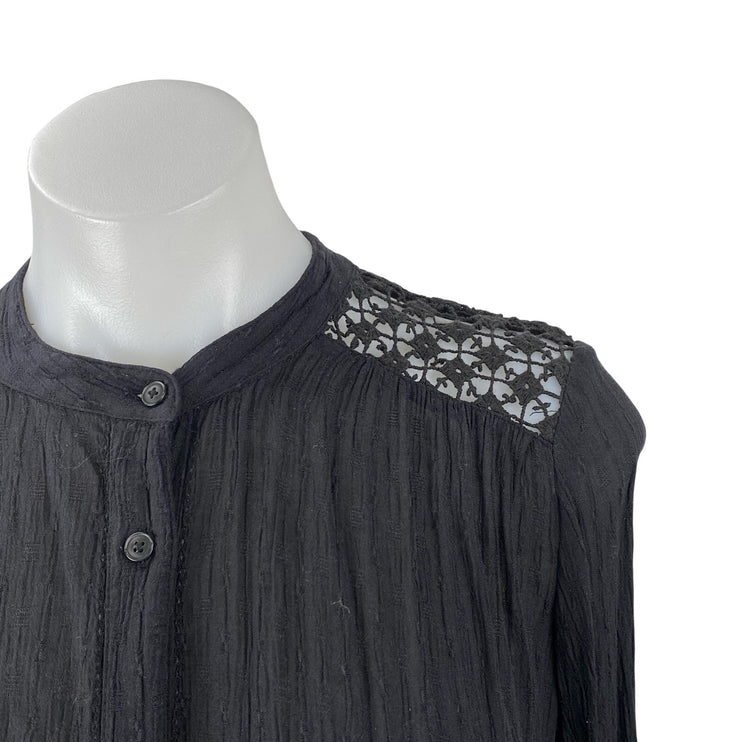 Free People The Best Black Floral Crochet Long Sleeve Button Down Shirt Top XS