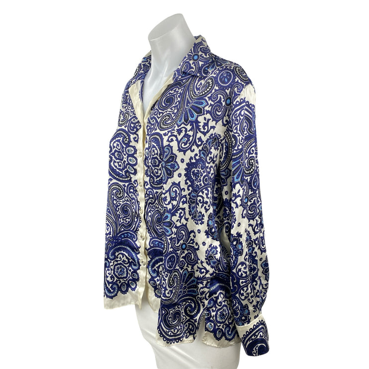 Zara Women's Blue Silky Satin Paisley Collared Button Down Shirt Blouse Top Sz S