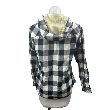 Columbia Womens Blue Plaid Flannel Long Sleeve Hoodie Button Up Shirt Top Size S