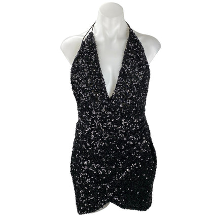 Oh Polly Black Sleeveless Sequin Plunging Halter V-neck Mini Bodycon Dress Sz 6