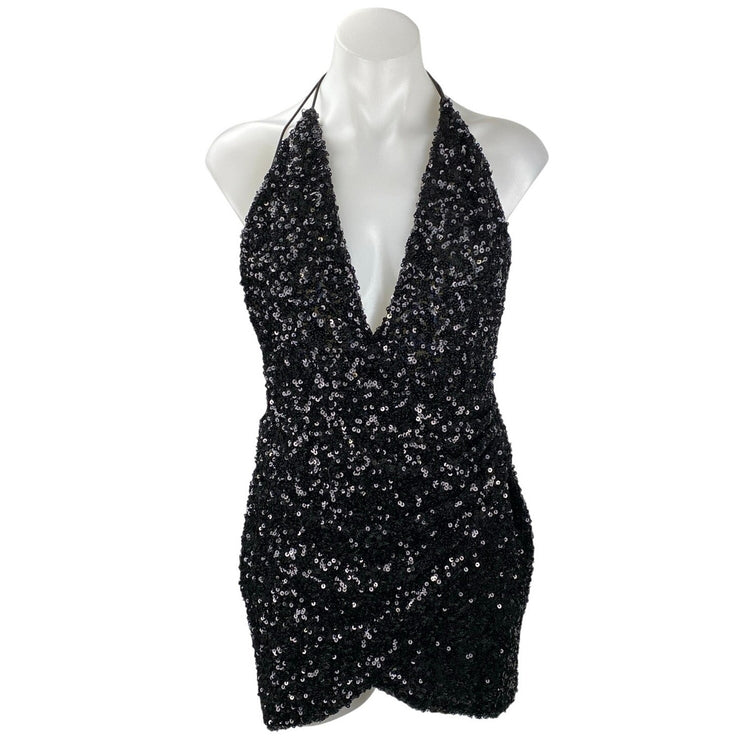 Oh Polly Black Sleeveless Sequin Plunging Halter V-neck Mini Bodycon Dress Sz 6