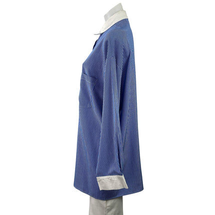 Commense Women's Blue Striped Long Sleeve Pocket Button Down Shirt Top Size M