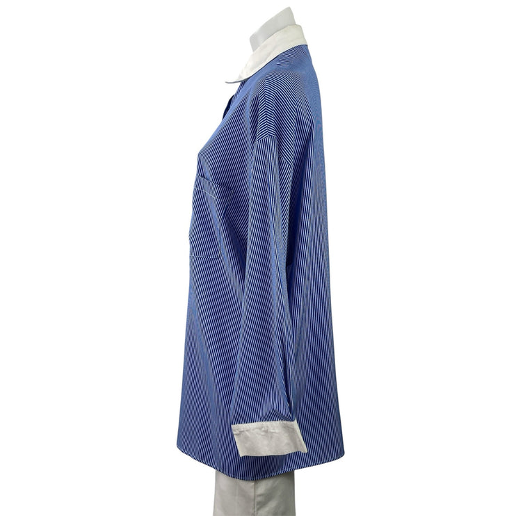 Commense Women's Blue Striped Long Sleeve Pocket Button Down Shirt Top Size M