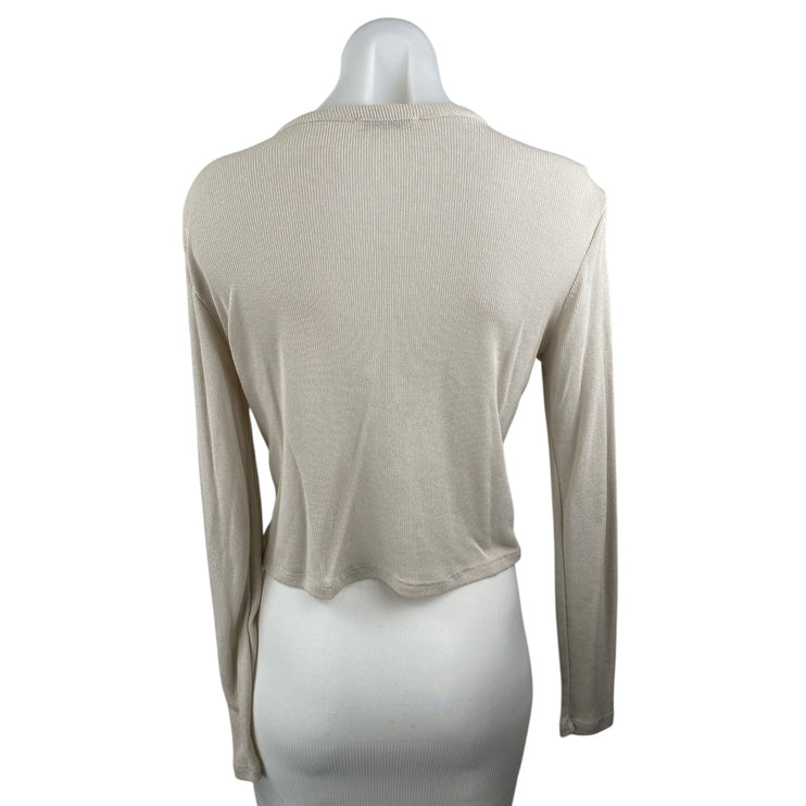 Zara Women's Beige Ribbed Knit V Neck Long Sleeve Button Up Cardigan Top Size S