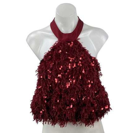 Zara Women's Red Sequin Fringe Halter Sleeveless Open Back Blouse Top Size S