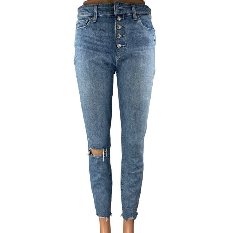 Paige Hoxton Blue High Waist Distressed Frayed Raw Hem Skinny Denim Jeans Sz 28