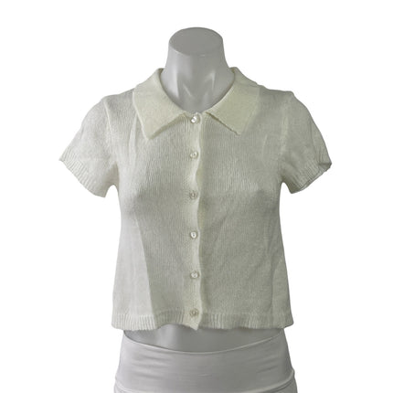 6ixty8ight Womens White Knit Collared Short Sleeve Button Down Crop Shirt Top M