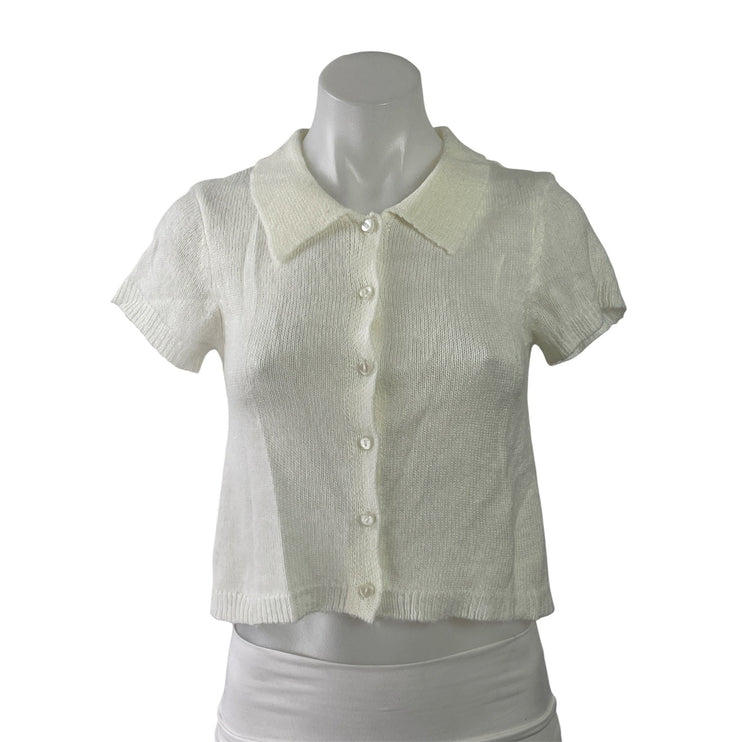 6ixty8ight Womens White Knit Collared Short Sleeve Button Down Crop Shirt Top M