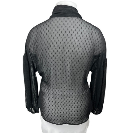 H&M Black Polka Swiss Dot Sheer Tie Neck Long Sleeve Button Up Blouse Top Sz 14